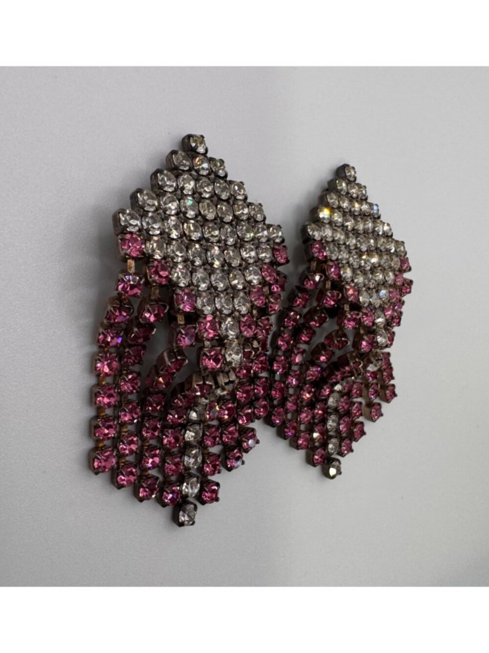 Vintage Pink Clear Rhinestone Fringe Earrings Dangle Clip On Pat 27133491 - Picture 7 of 12